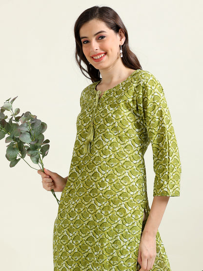 Green Sequined Glow – Cotton Straight Kurti 3-piece Set  (2TP-5-C11)