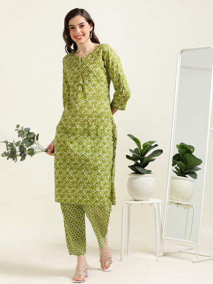 Green Sequined Glow – Cotton Straight Kurti 3-piece Set  (2TP-5-C11)