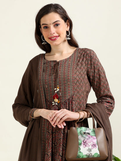Brown Ajrak Printed Anarkali Cotton Set (1MF-1-C1)