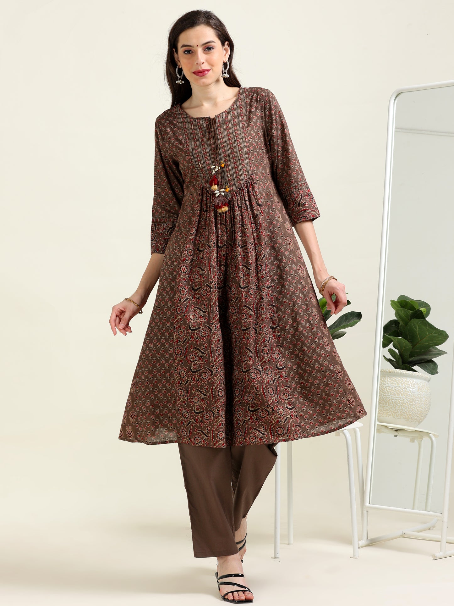 Brown Ajrak Printed Anarkali Cotton Set (1MF-1-C1)