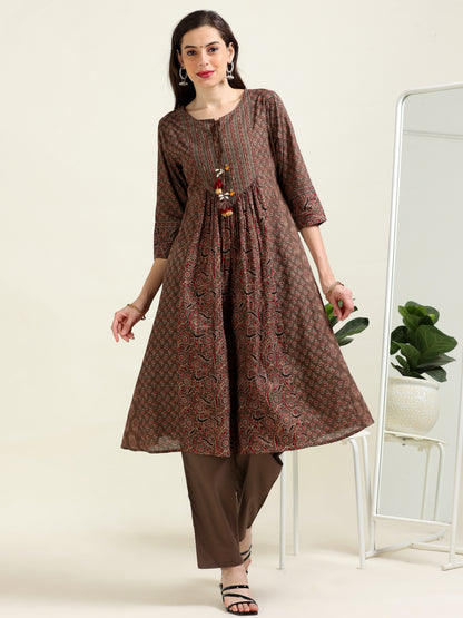 Brown Ajrak Printed Anarkali Cotton Set (1MF-1-C1)