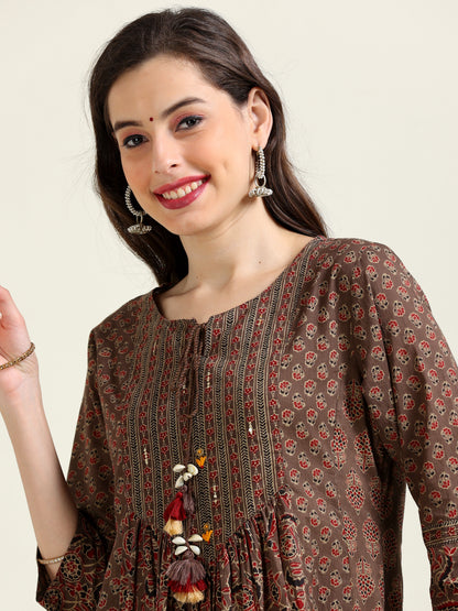 Brown Ajrak Printed Anarkali Cotton Set (1MF-1-C1)