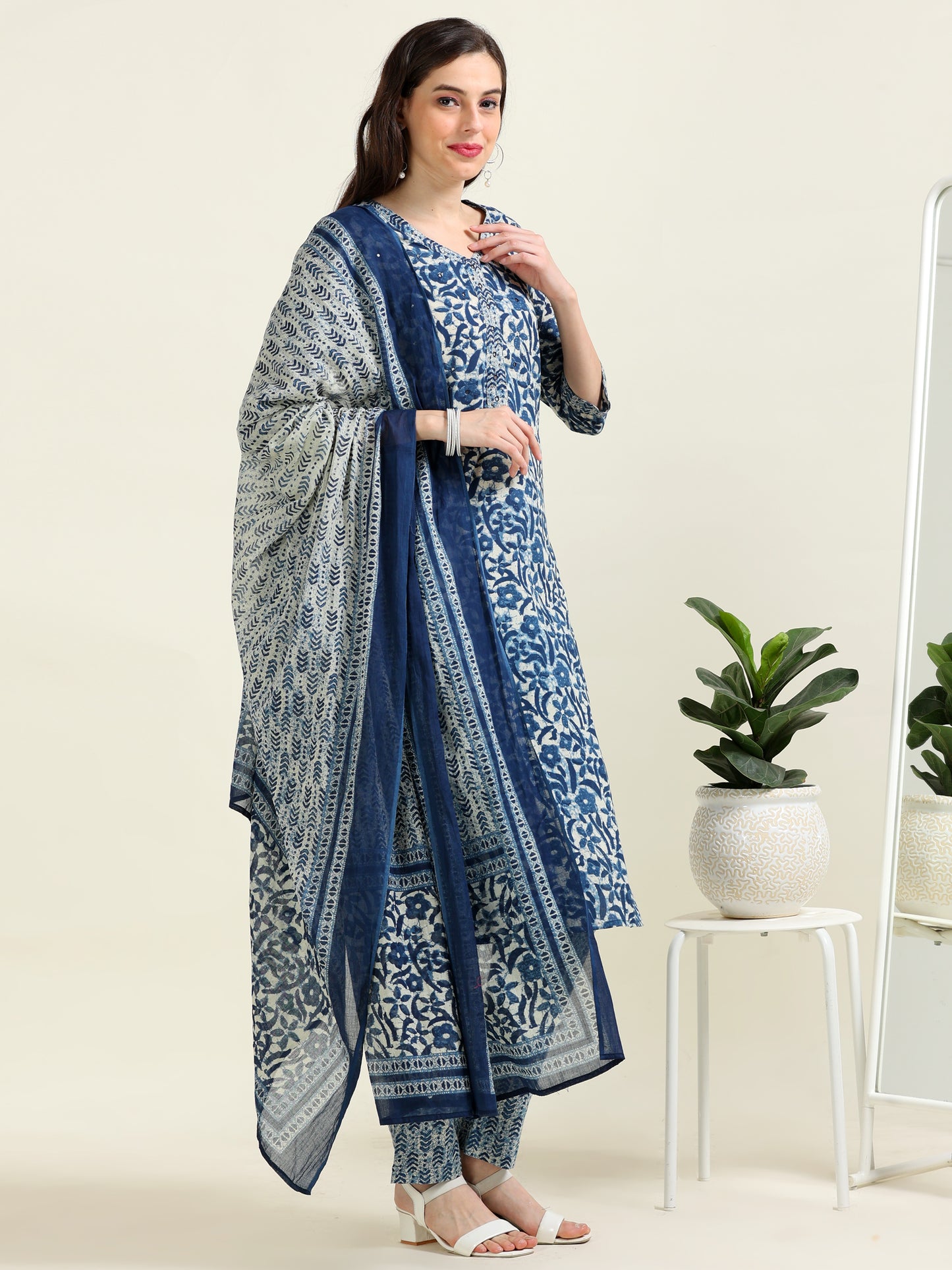 Indigo Mirrorwork Grace – Cotton 3-Piece Set (2TP-6-C18)
