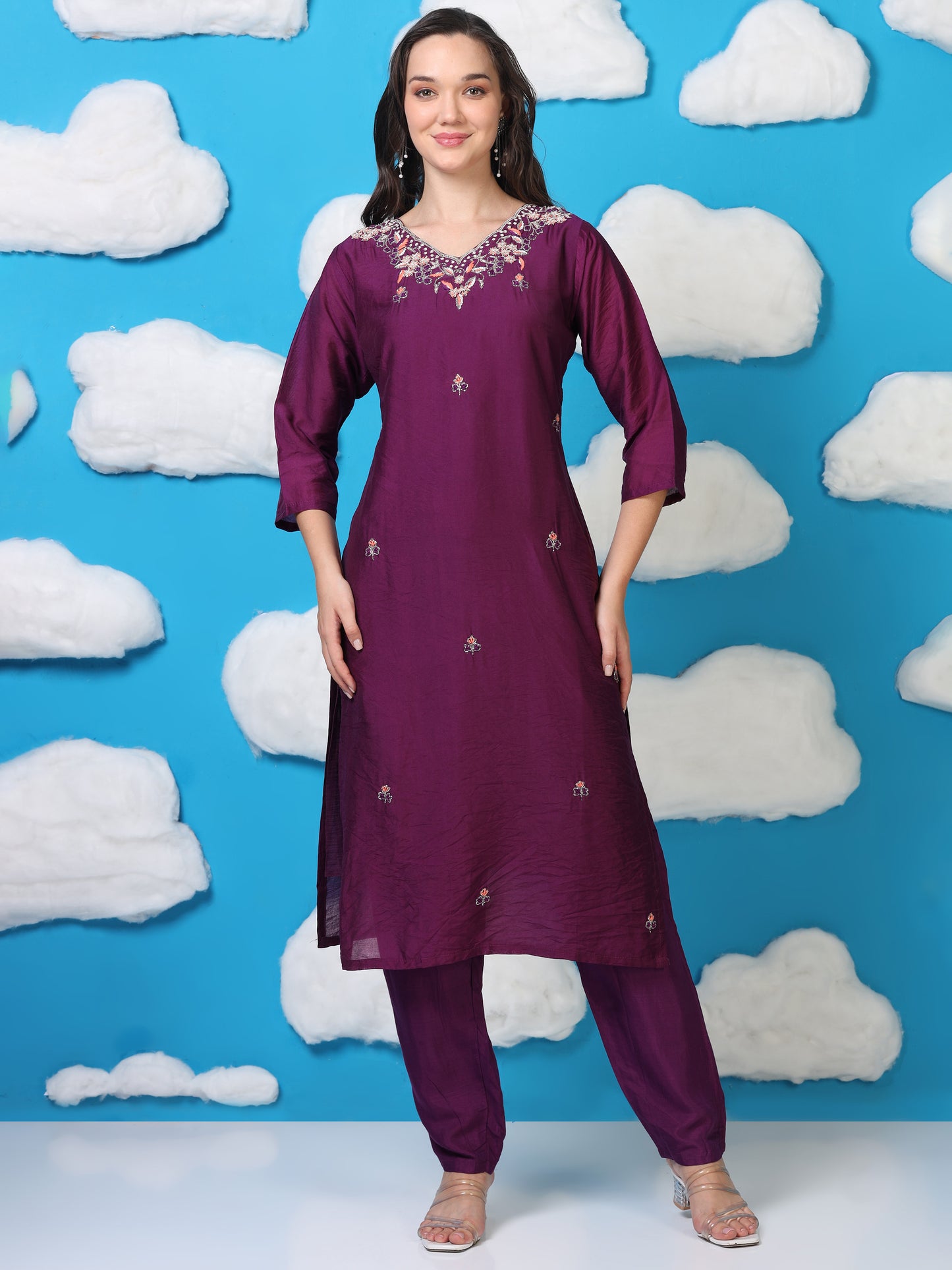 Royal Violet Whisper – Hand-Embroidered 3-Piece Set with Organza Dupatta (2AA-7-C2)
