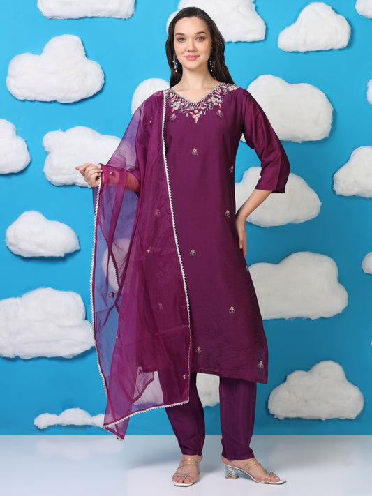Royal Violet Whisper – Hand-Embroidered 3-Piece Set with Organza Dupatta (2AA-7-C2)