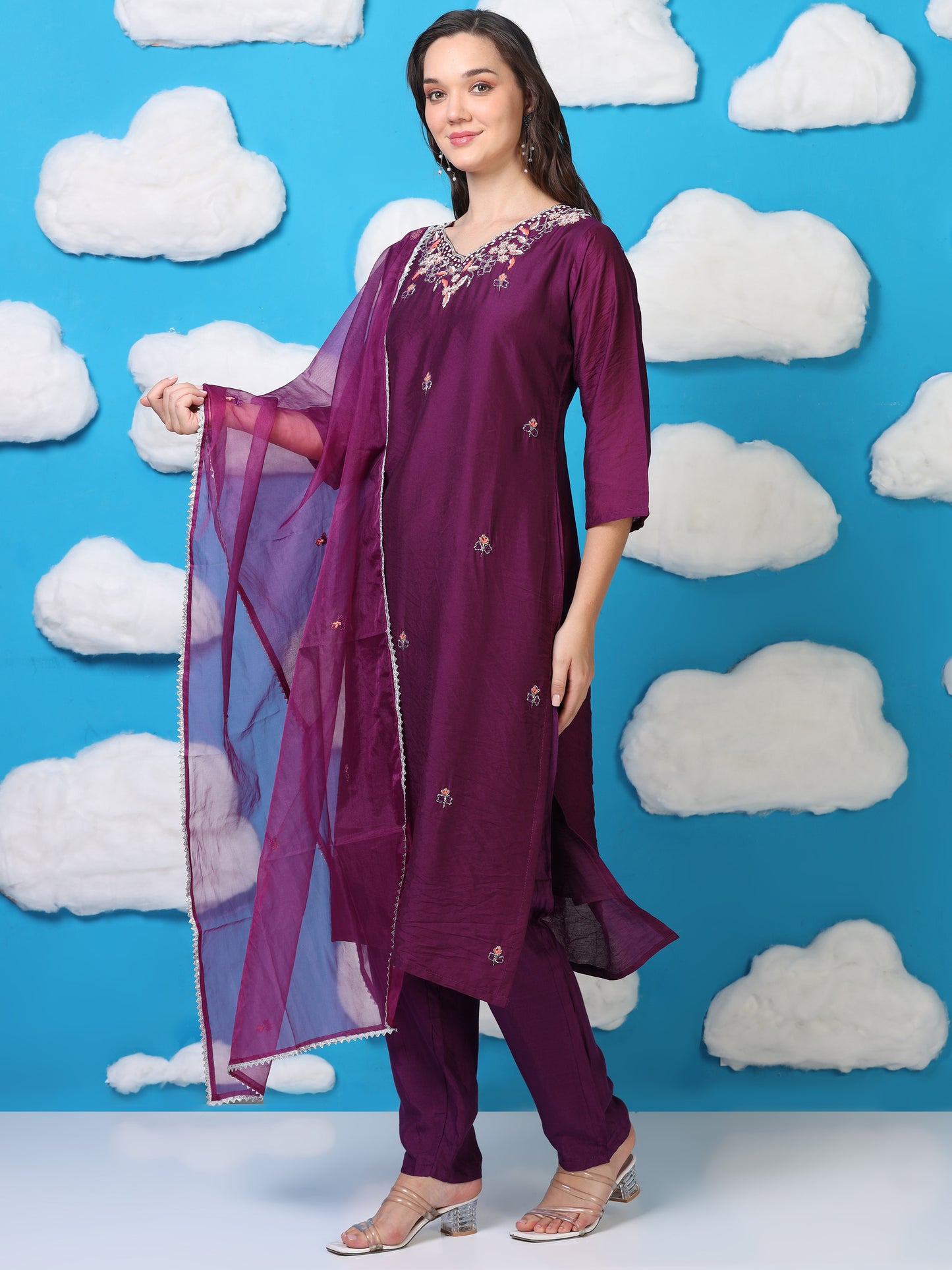Royal Violet Whisper – Hand-Embroidered 3-Piece Set with Organza Dupatta (2AA-7-C2)