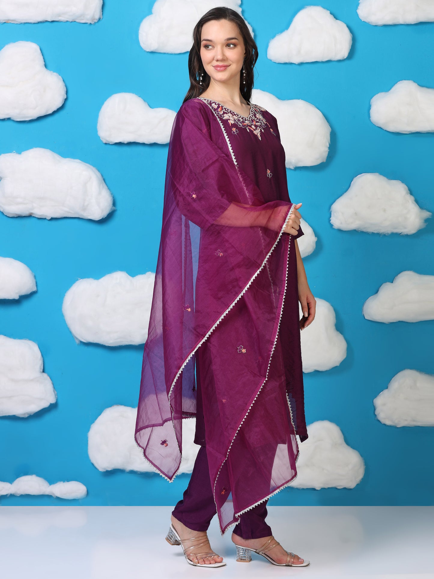 Royal Violet Whisper – Hand-Embroidered 3-Piece Set with Organza Dupatta (2AA-7-C2)