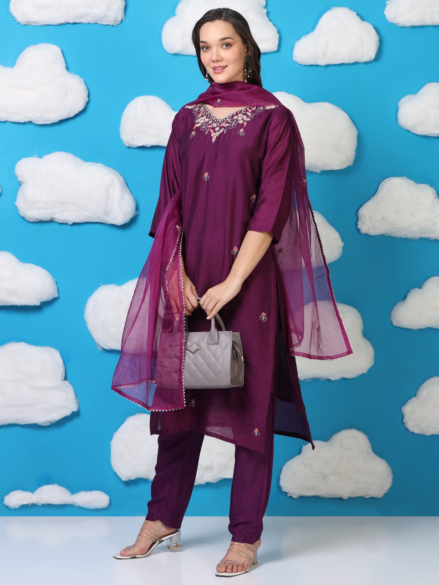 Royal Violet Whisper – Hand-Embroidered 3-Piece Set with Organza Dupatta (2AA-7-C2)