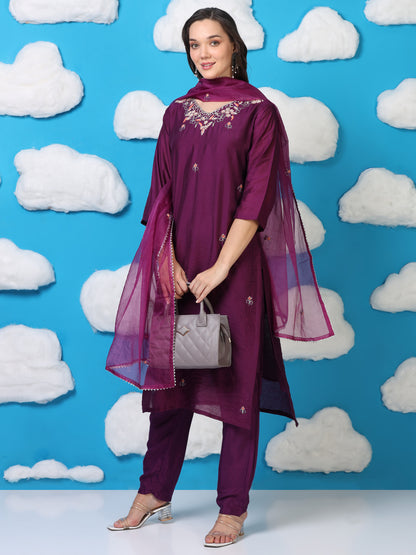 Royal Violet Whisper – Hand-Embroidered 3-Piece Set with Organza Dupatta (2AA-7-C2)