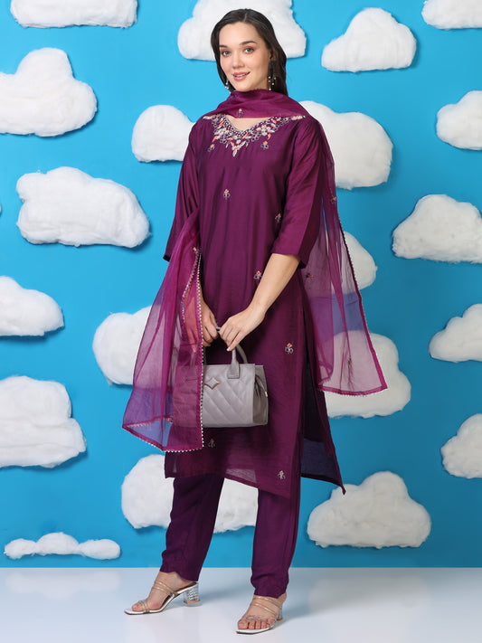 Royal Violet Whisper – Hand-Embroidered 3-Piece Set with Organza Dupatta (2AA-7-C2)
