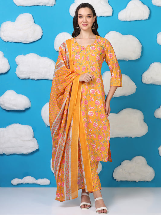Golden Glow – Mustard Printed Cotton 3-Piece Set (2DF-4-C4)