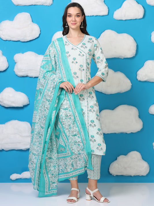 White & Blue Angrakha Cotton 3-Piece Set (2DF-6-C8)