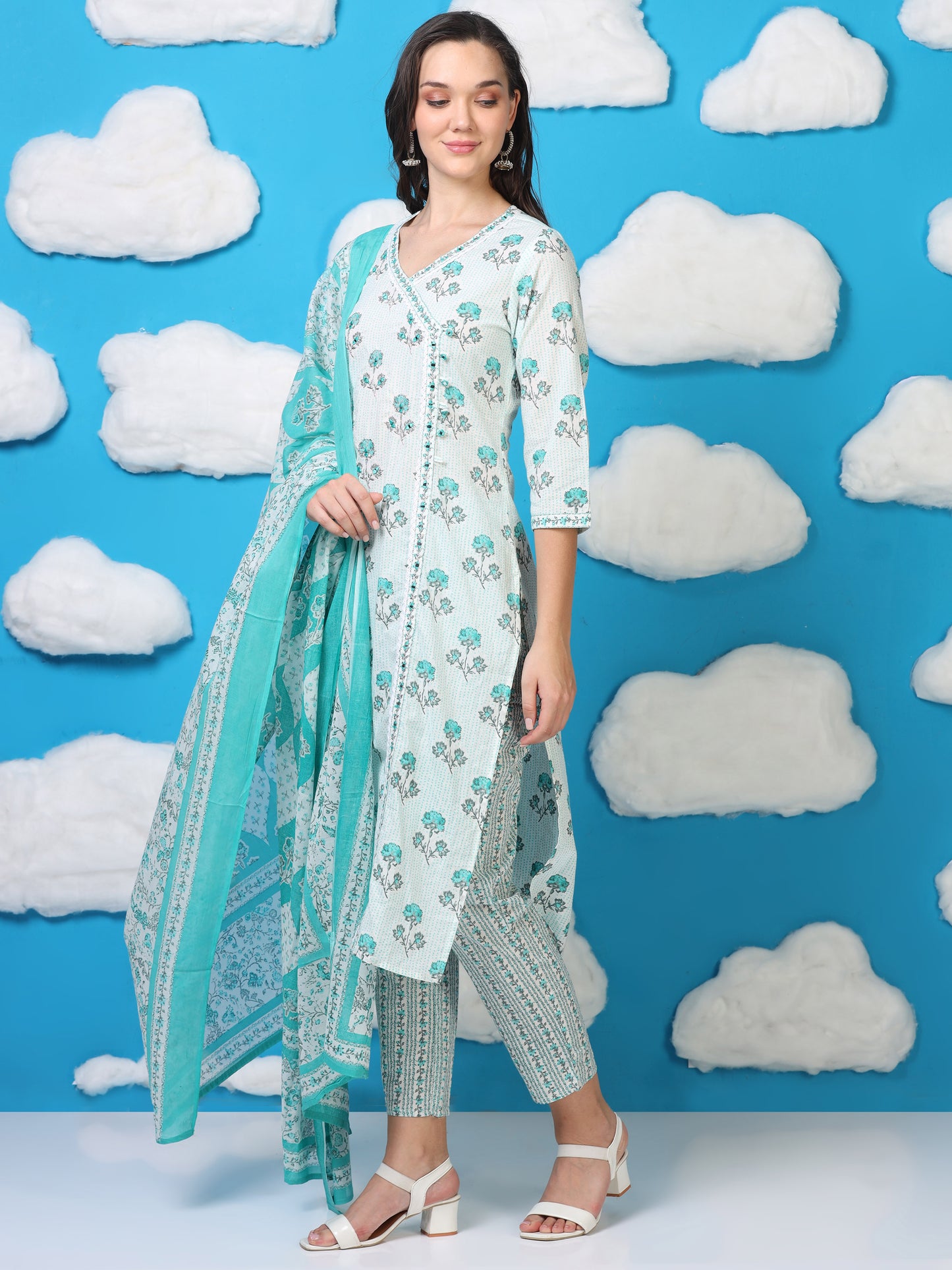White & Blue Angrakha Cotton 3-Piece Set (2DF-6-C8)