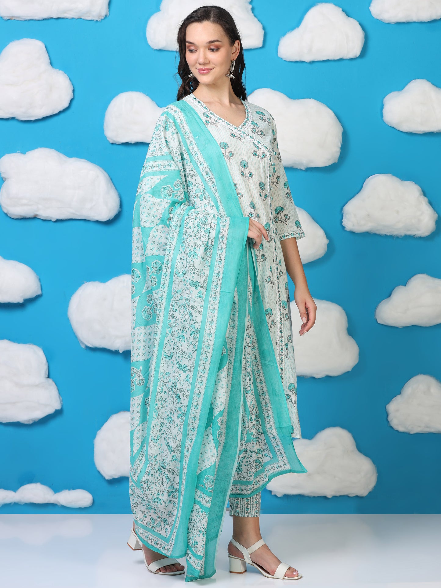 White & Blue Angrakha Cotton 3-Piece Set (2DF-6-C8)