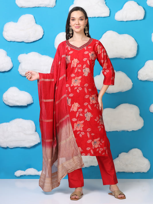 Scarlet Soirée – Red Printed Viscose-Cotton 3-Piece Set (1KI-2-C1)
