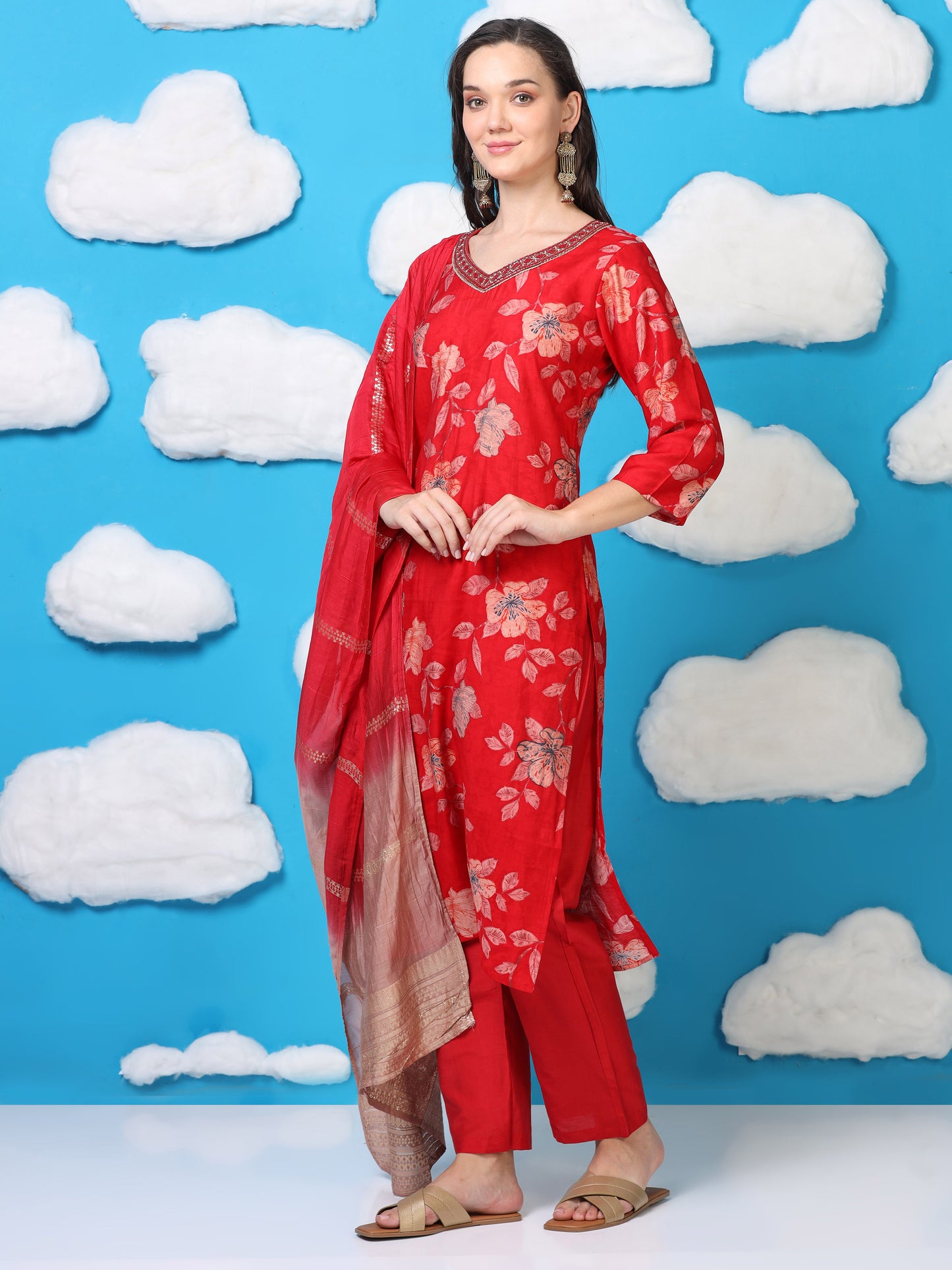 Scarlet Soirée – Red Printed Viscose-Cotton 3-Piece Set (1KI-2-C1)