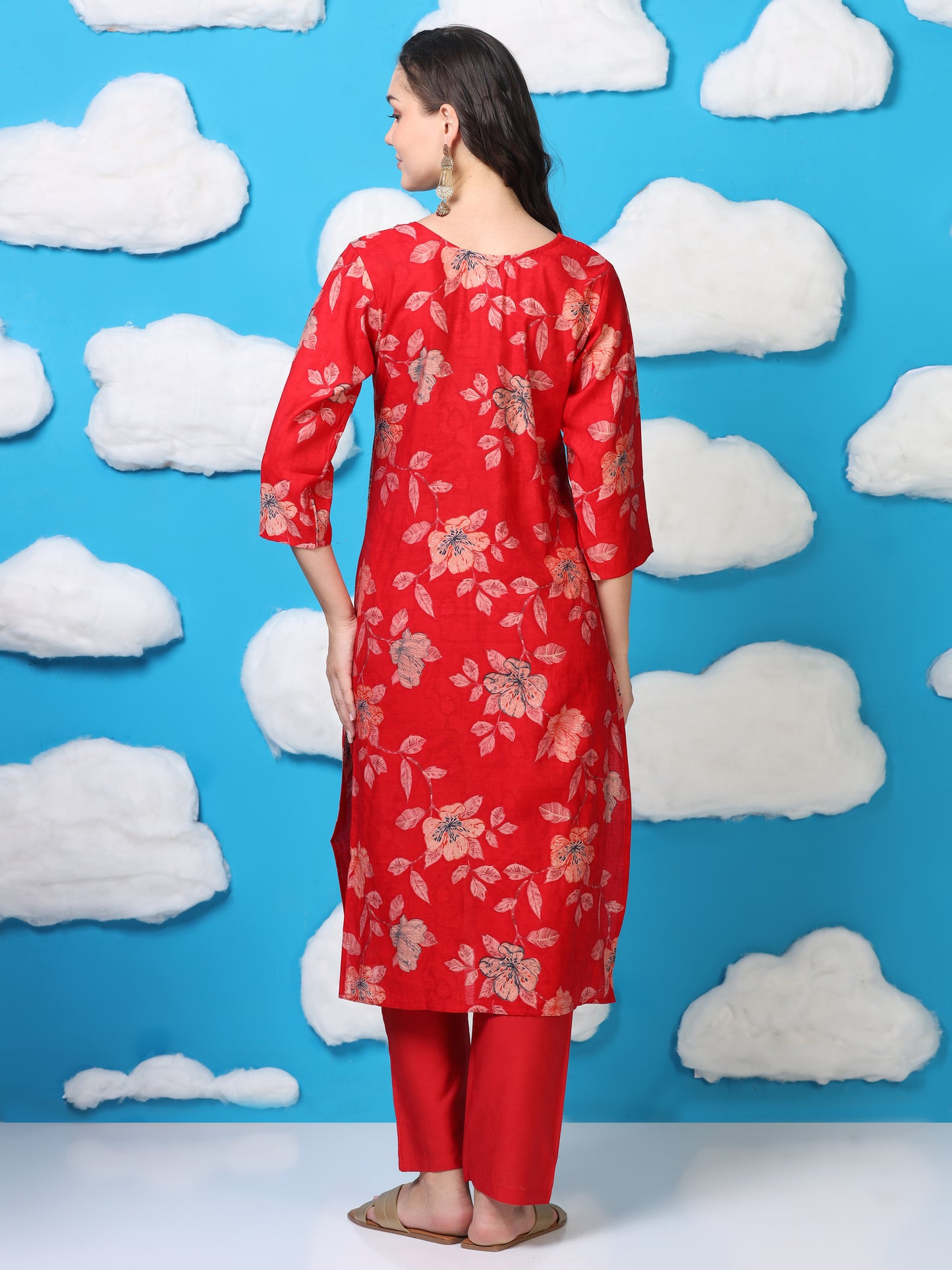 Scarlet Soirée – Red Printed Viscose-Cotton 3-Piece Set (1KI-2-C1)