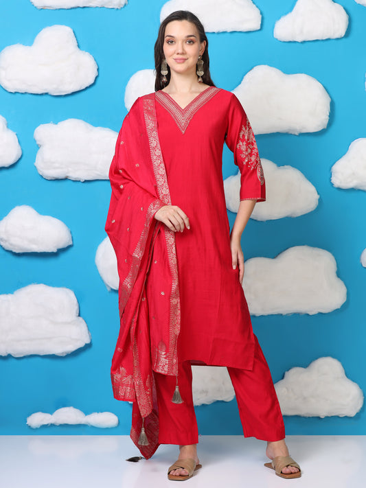 Red Hour – Raw Cotton & Banarasi Silk-Blend 3-Piece Set (1NH-2-C11)