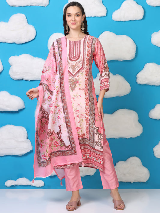 Print Paradise – Pink Viscose-Cotton Digital Print 3-Piece Set (1KI-2-C9)