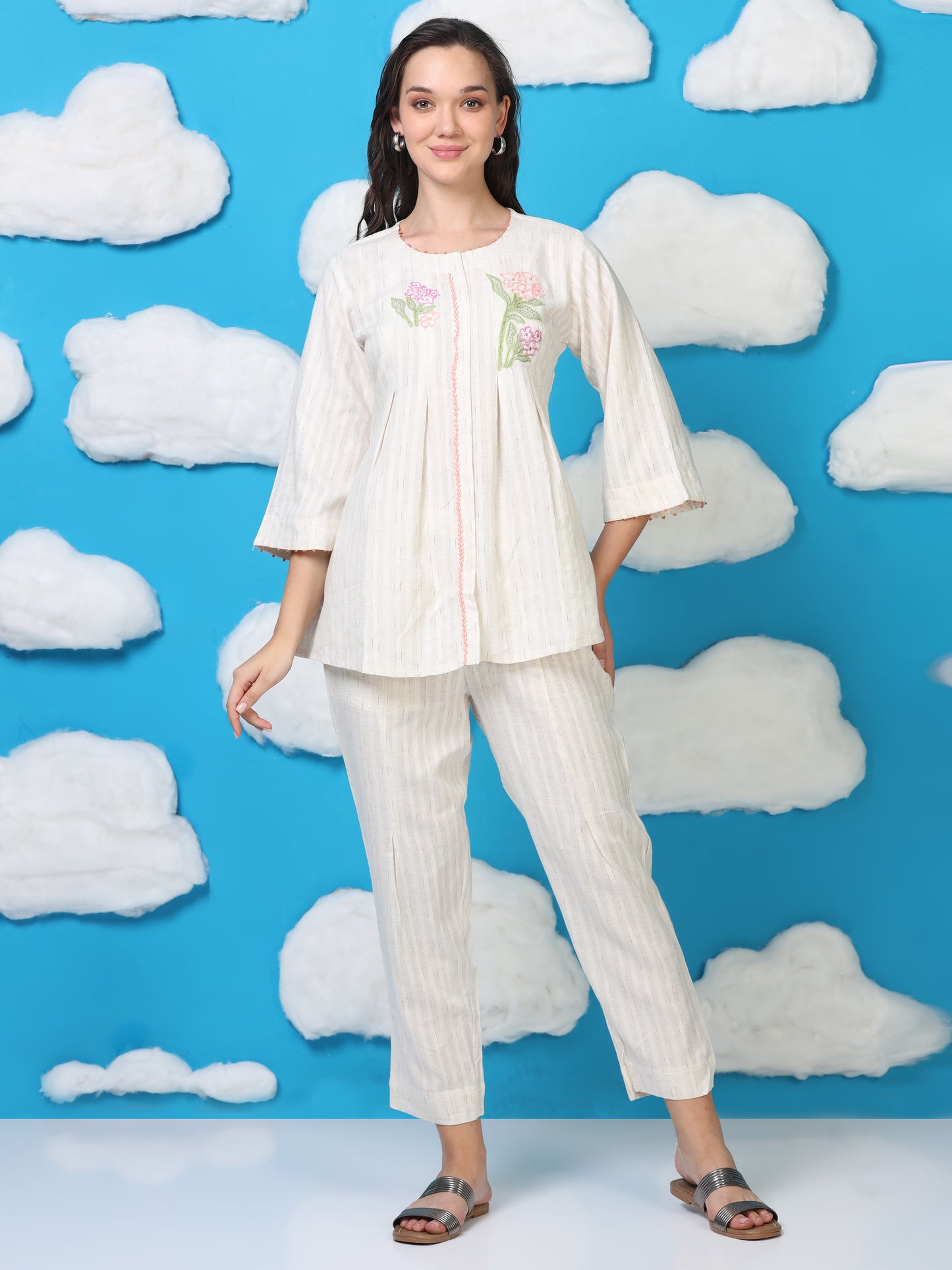 Power Pause – Off-White Embroidered Shirt-Style Co-ord (1KB-9-B1)