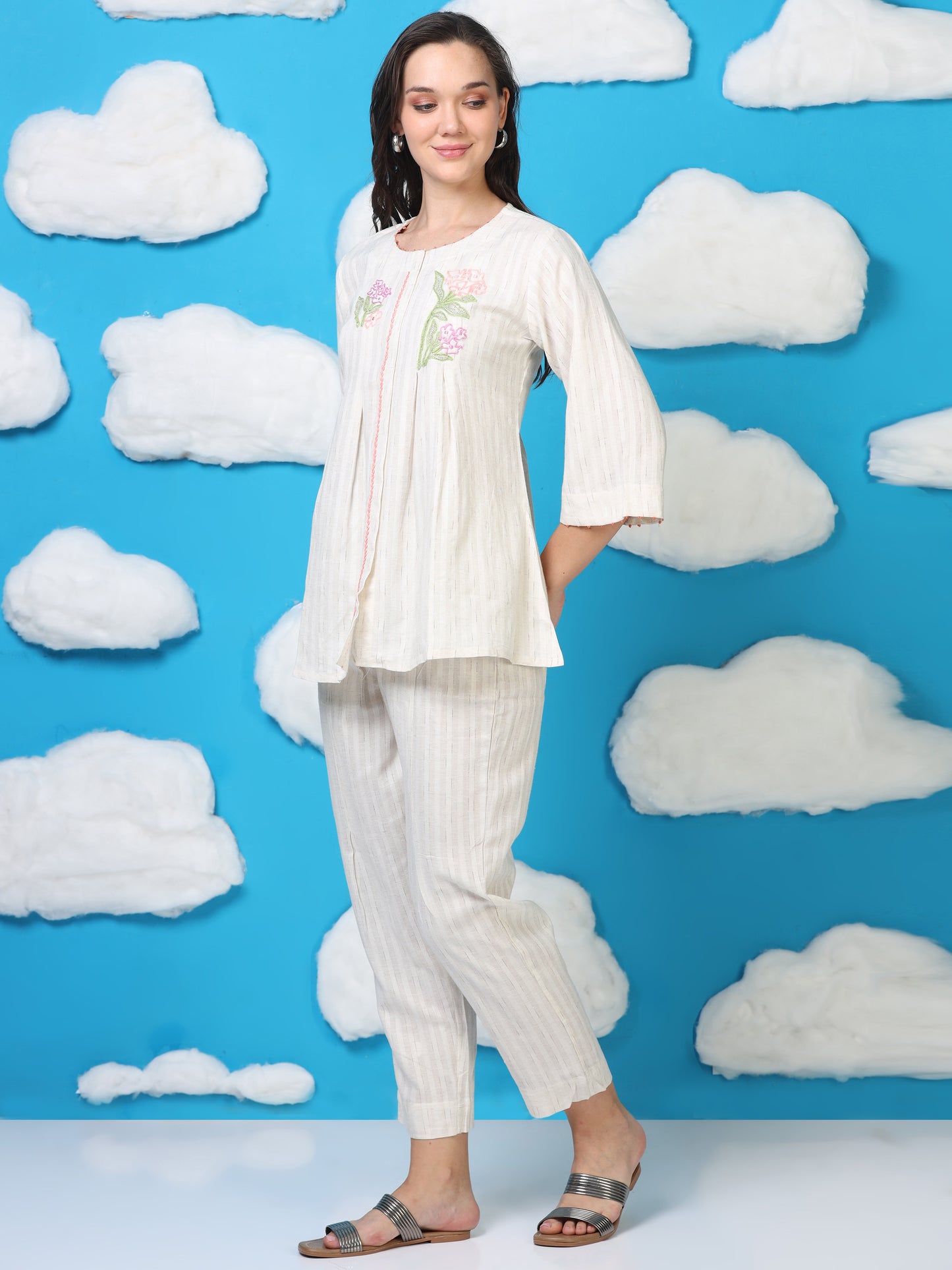 Power Pause – Off-White Embroidered Shirt-Style Co-ord (1KB-9-B1)