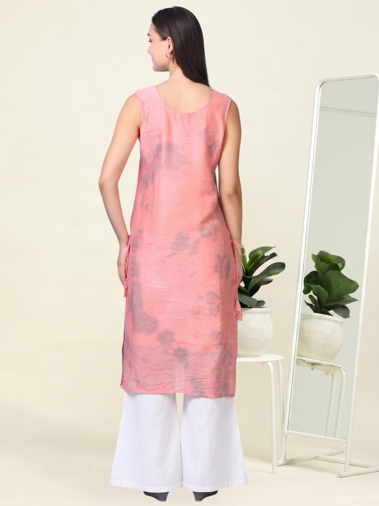 Pink Power Drip – Sleeveless Shibori Silk-Blend Kurti (1JD-2-A3b)