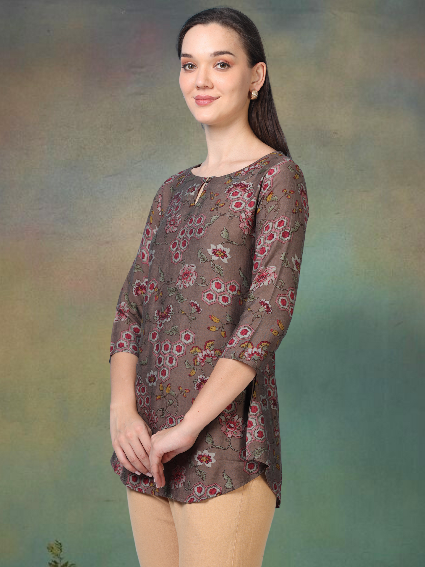 Earthy Muse – Printed Short Brown Cotton Kurti (1NH-1-A17)