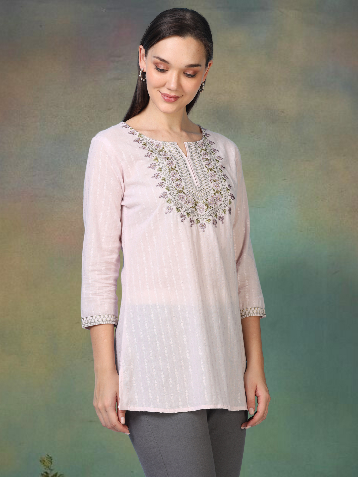 Pink Blossom Chic – Embroidered Short Cotton Kurti (2PS-7-A3)