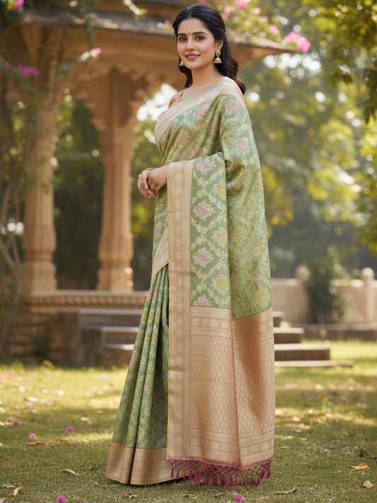 Peach-Leaf Glow – Tissue Art Silk Saree (G-PC-521003)