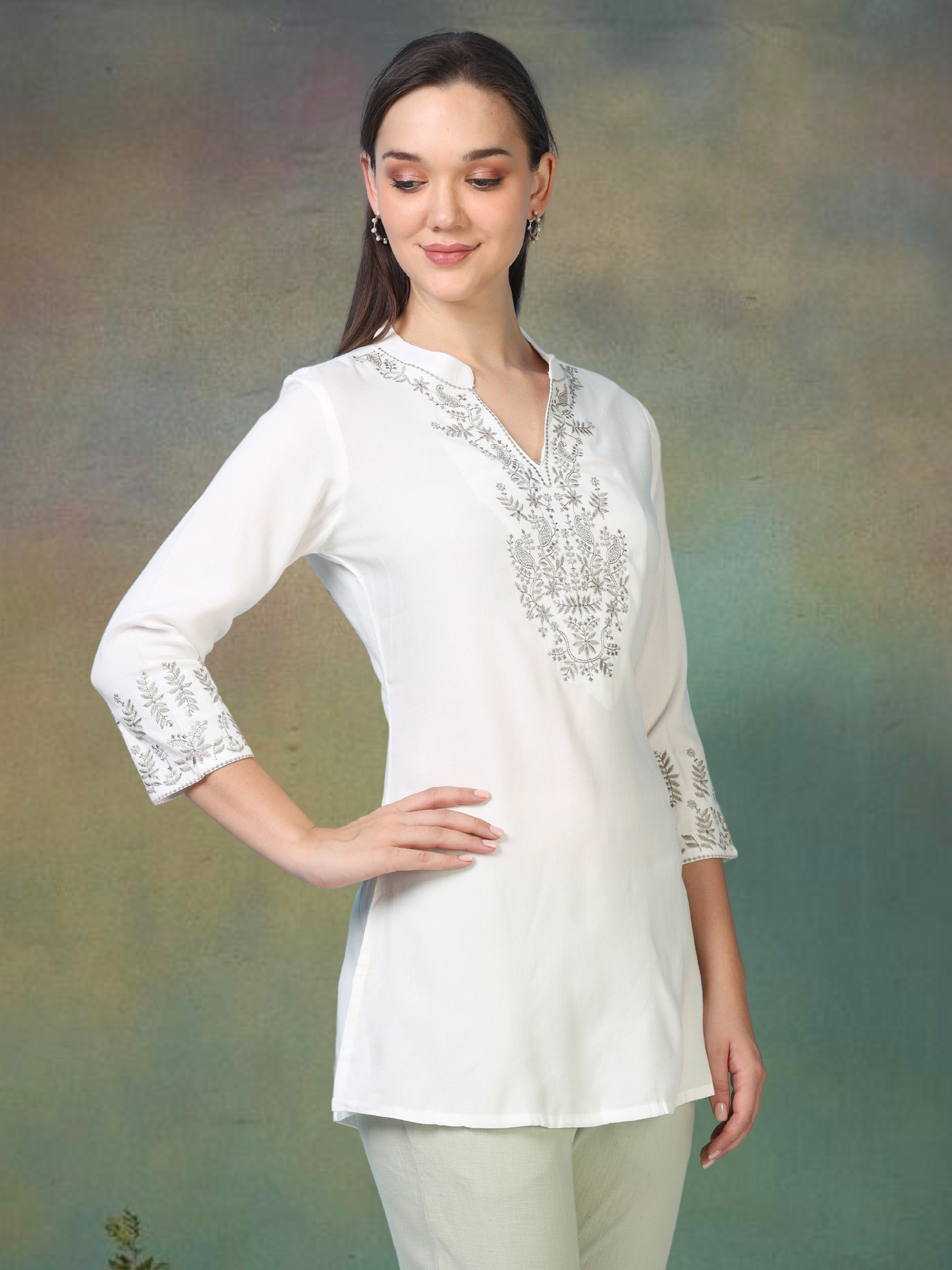 White Silver Charm – Embroidered Short Cotton Kurti (2PS-9-A6)