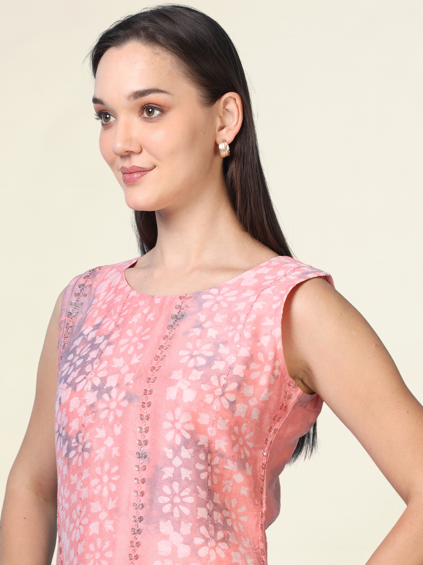 Pink Power Drip – Sleeveless Shibori Silk-Blend Kurti (1JD-2-A3b)