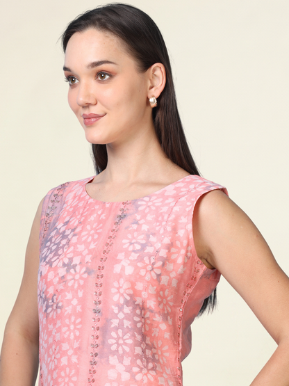 Pink Power Drip – Sleeveless Shibori Silk-Blend Kurti (1JD-2-A3b)