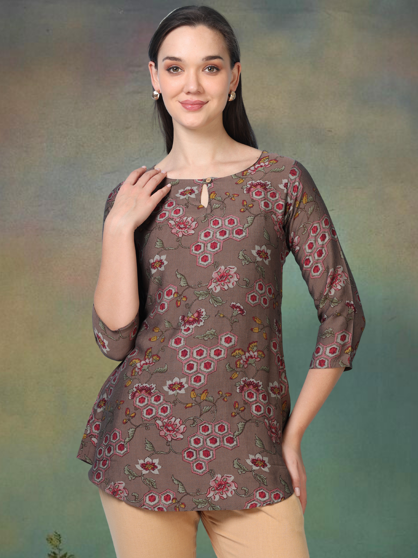 Earthy Muse – Printed Short Brown Cotton Kurti (1NH-1-A17)