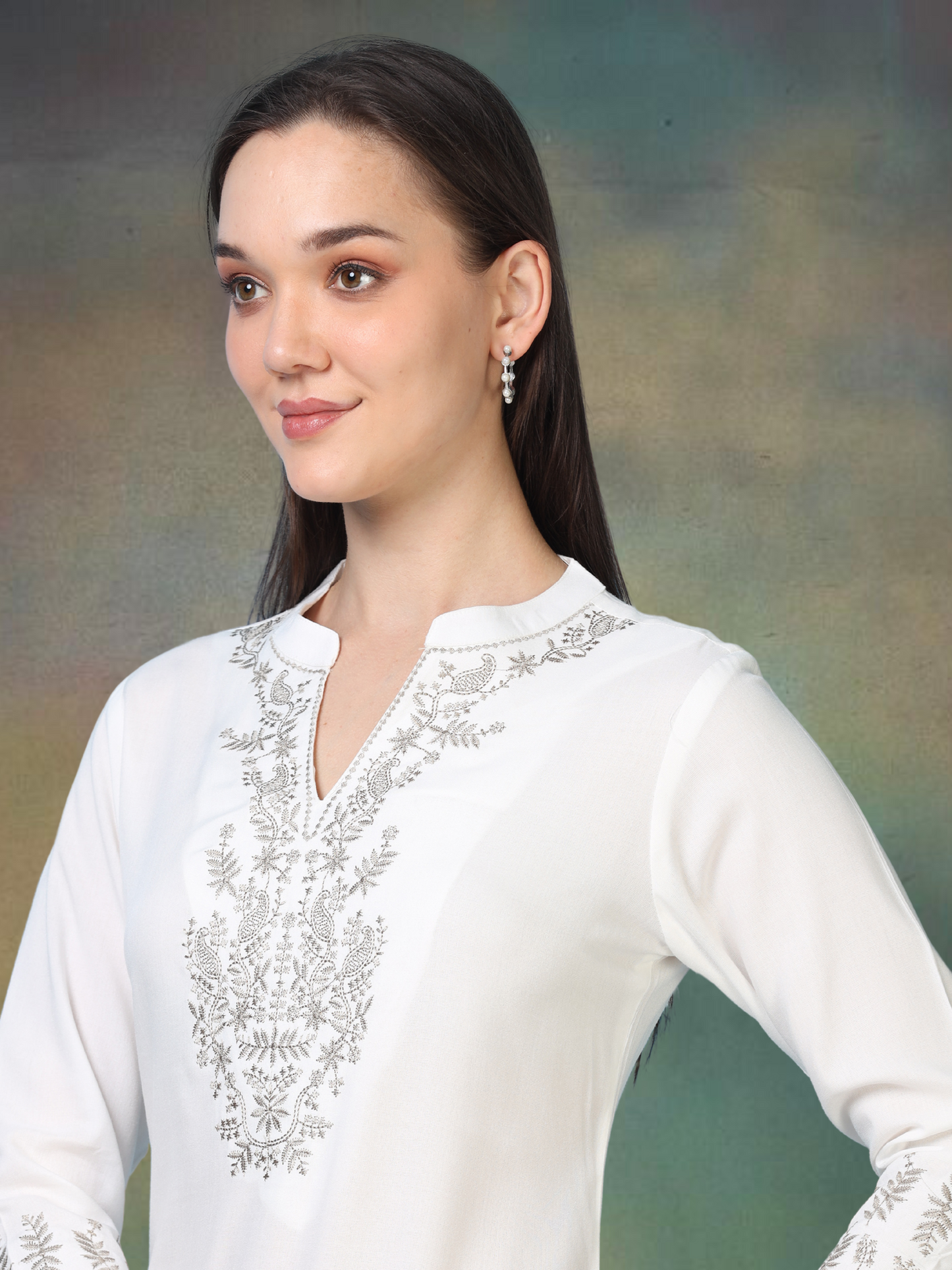 White Silver Charm – Embroidered Short Cotton Kurti (2PS-9-A6)
