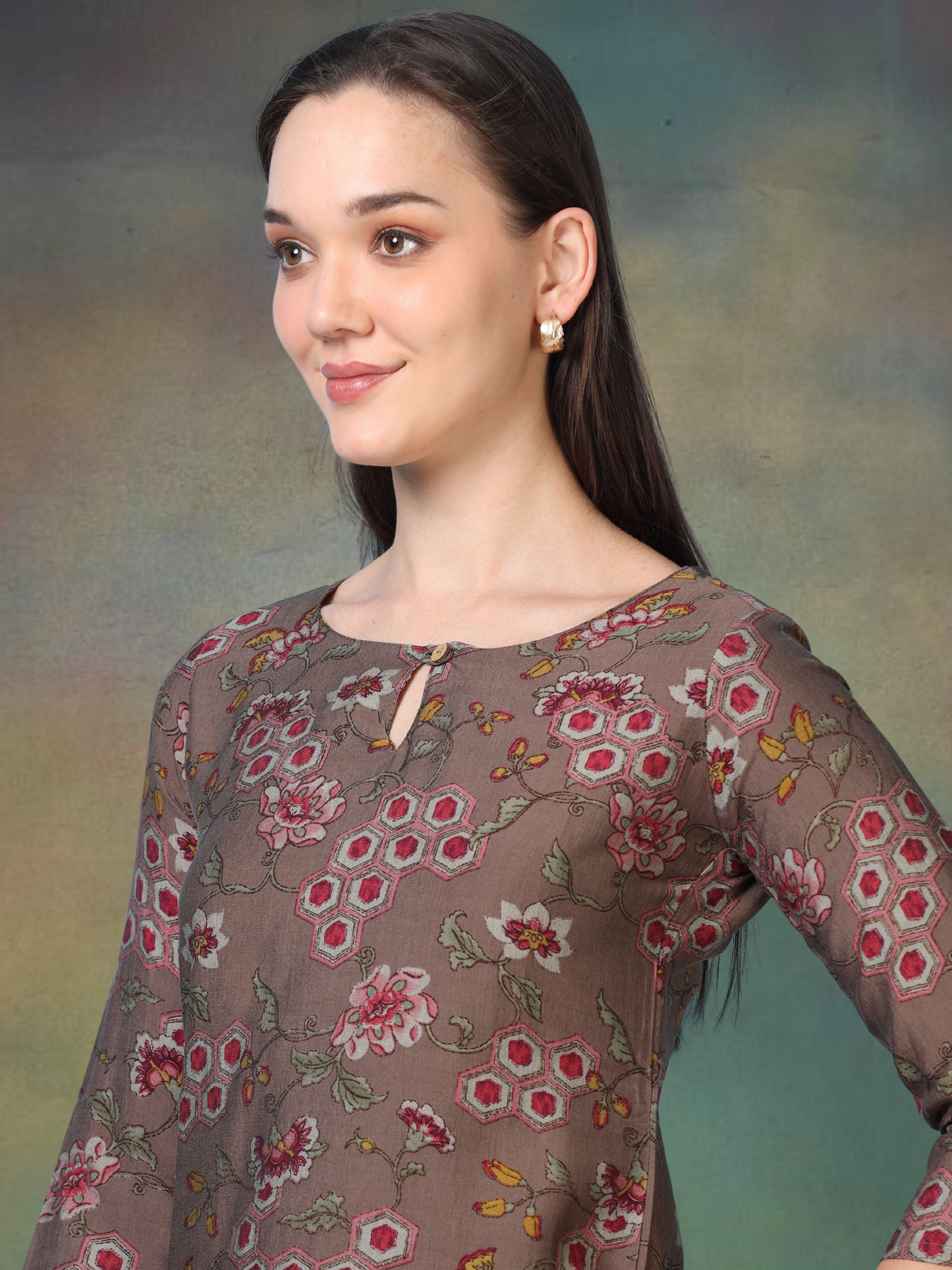 Earthy Muse – Printed Short Brown Cotton Kurti (1NH-1-A17)