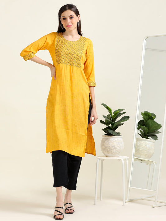 Mustard Mirror Magic – Straight Cotton Kurti (1JD-4-A10)