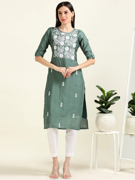 Sea Green Pearl Perfection – Straight Cotton Blend Kurti (1JD-5-A2)