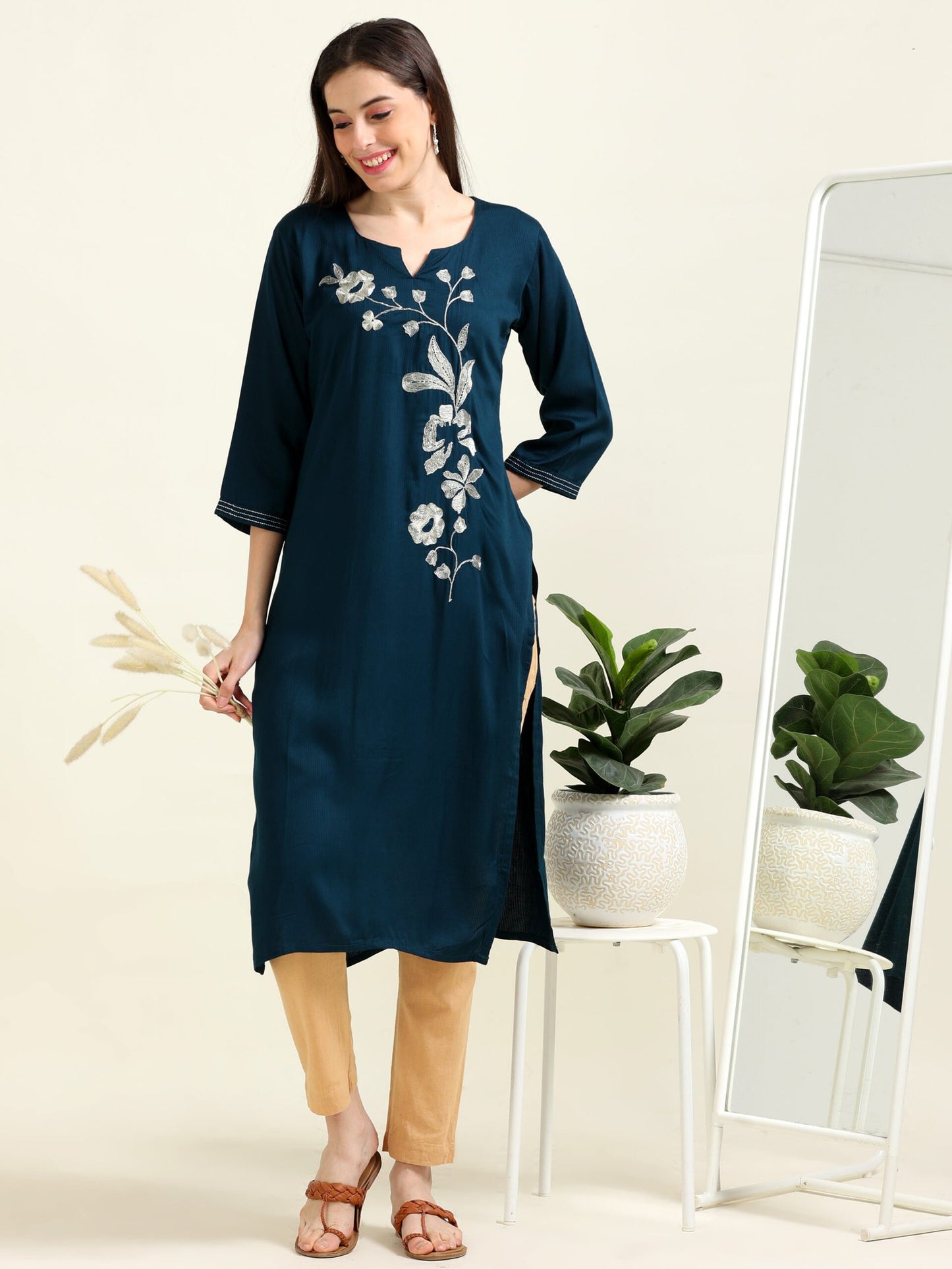 Navy Silver Sophistication – Embroidered Cotton Straight Kurti (1JD-6-A11)