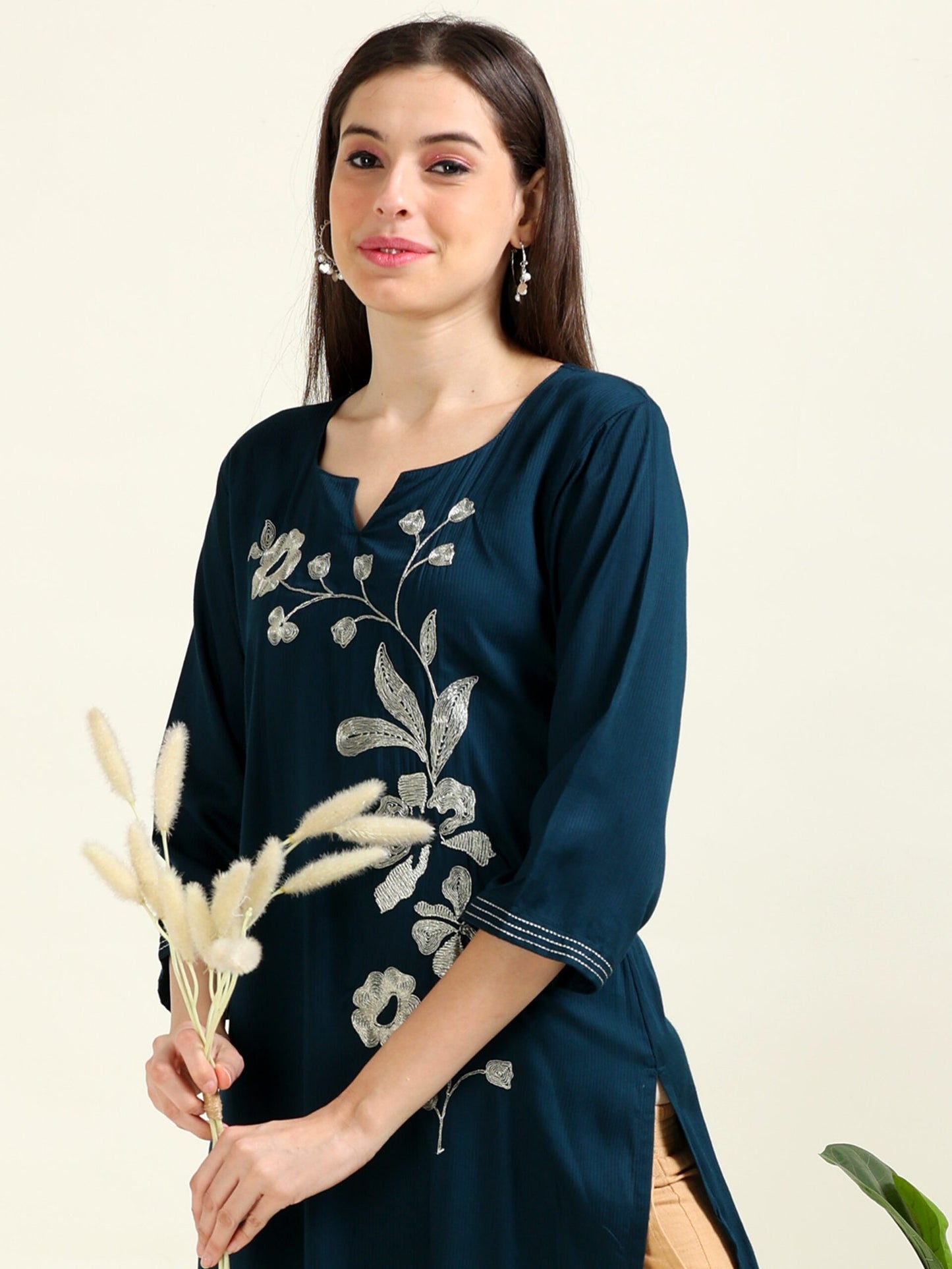 Navy Silver Sophistication – Embroidered Cotton Straight Kurti (1JD-6-A11)