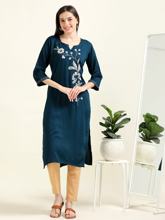 Navy Silver Sophistication – Embroidered Cotton Straight Kurti (1JD-6-A11)