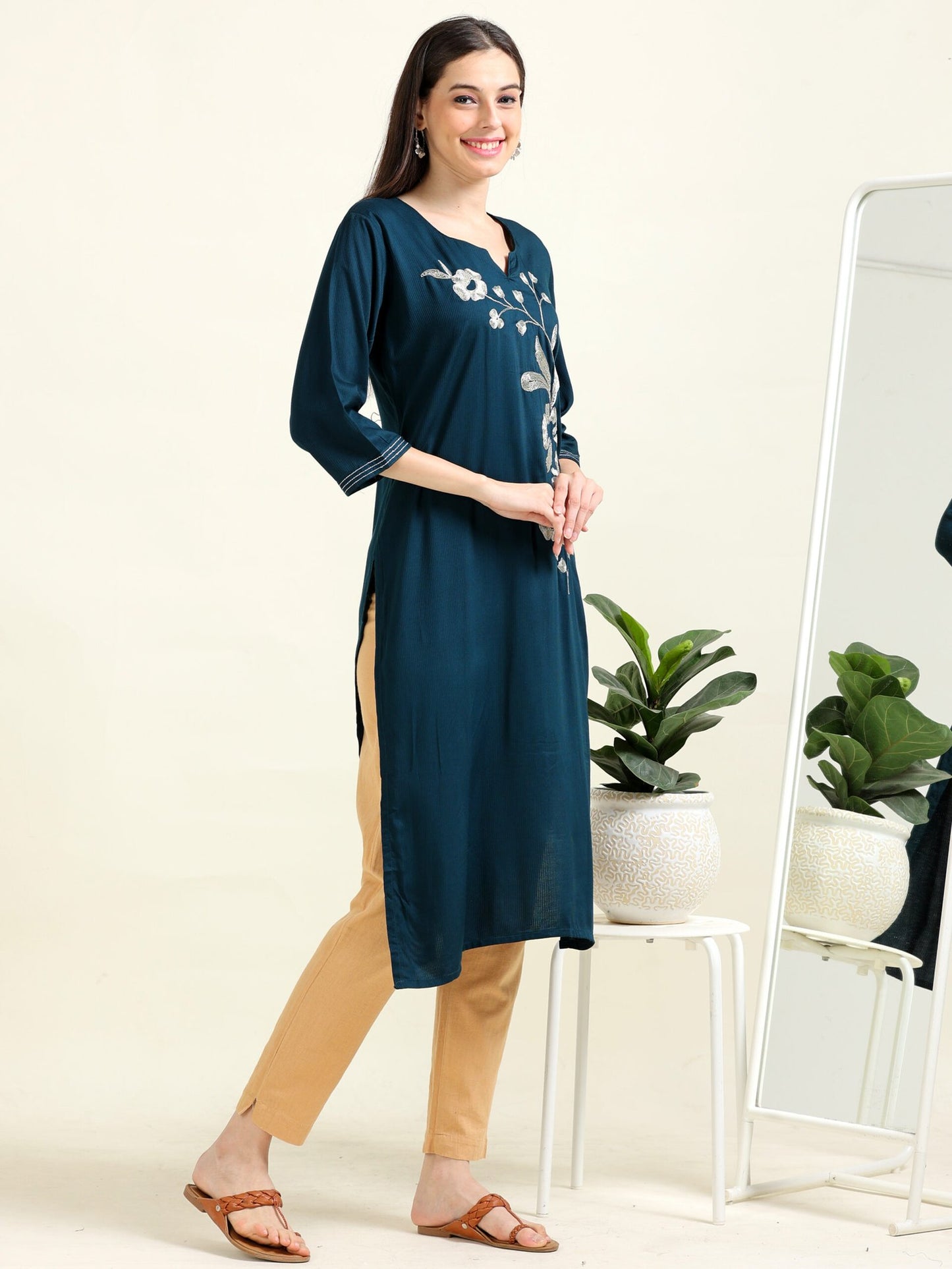 Navy Silver Sophistication – Embroidered Cotton Straight Kurti (1JD-6-A11)
