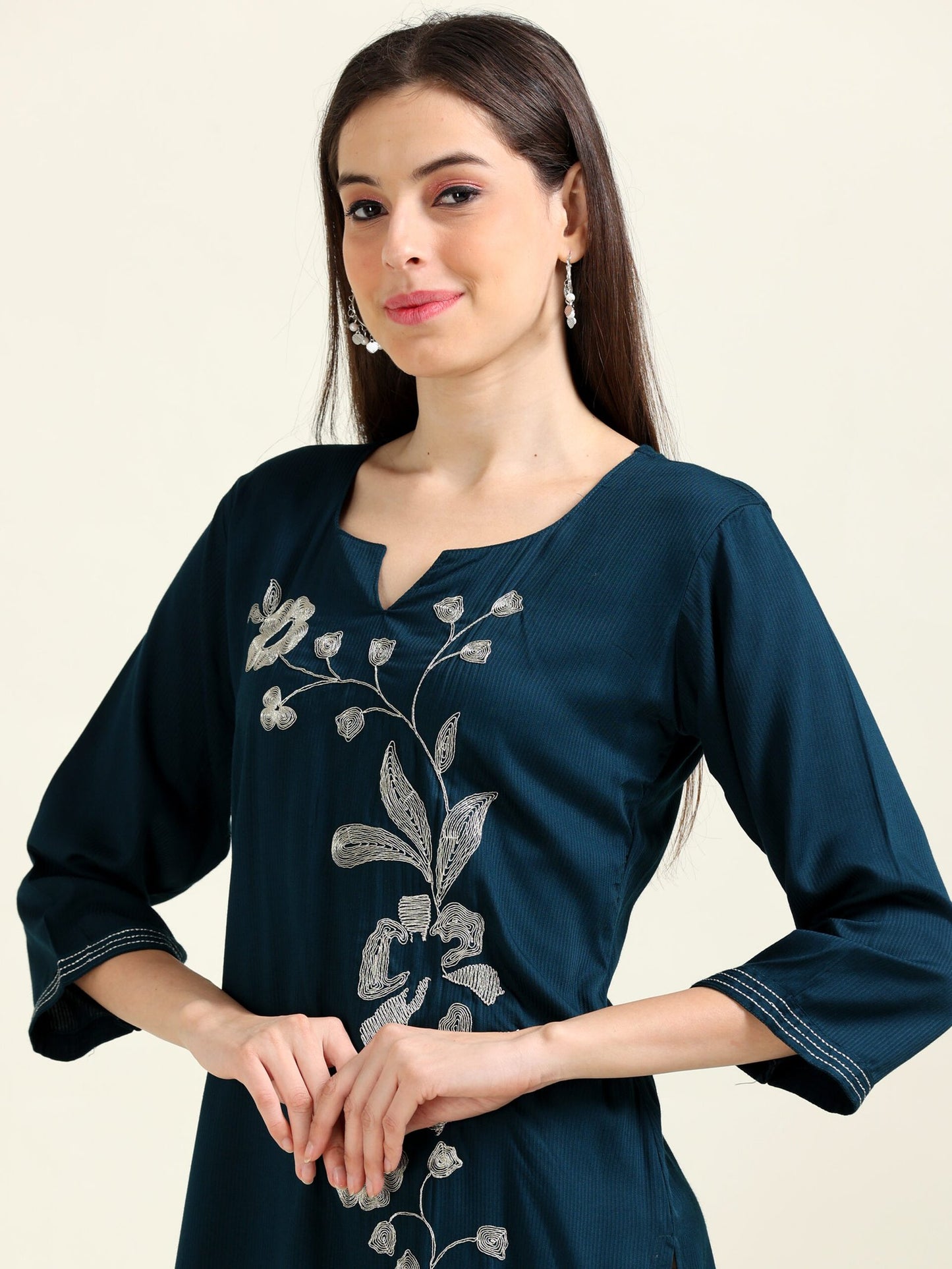 Navy Silver Sophistication – Embroidered Cotton Straight Kurti (1JD-6-A11)