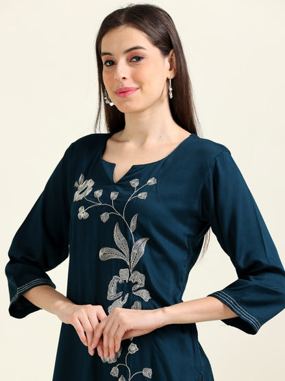 Navy Silver Sophistication – Embroidered Cotton Straight Kurti (1JD-6-A11)