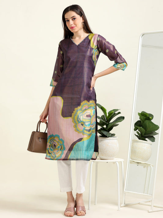 Lavender Luxe – Shimmer Embroidered Viscose Kurti  (1JD-7-A5)