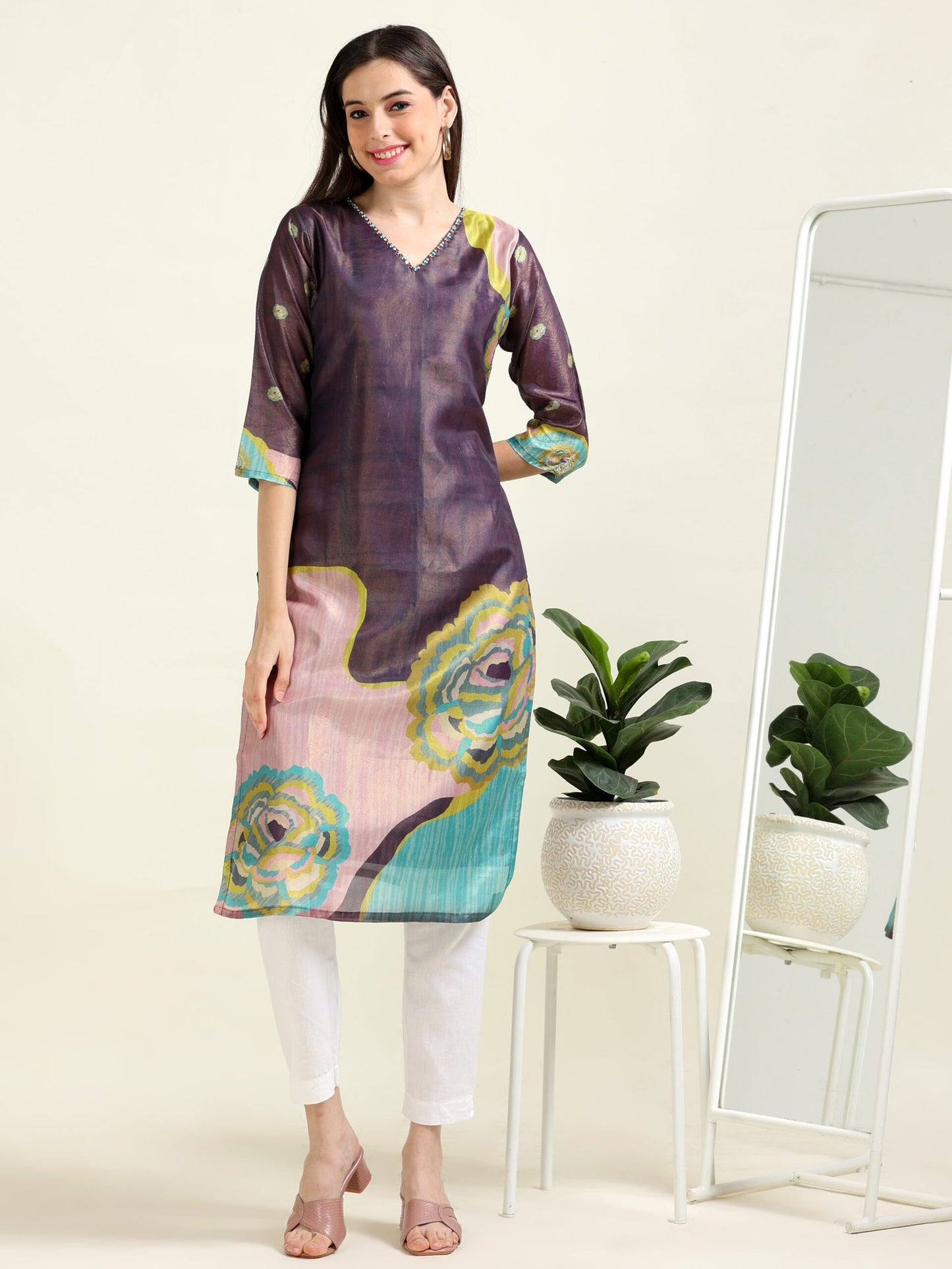 Lavender Luxe – Shimmer Embroidered Viscose Kurti  (1JD-7-A5)