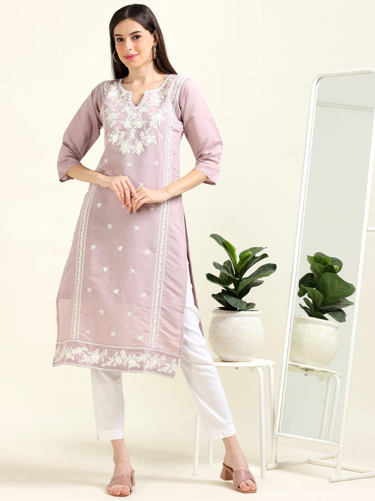 Lilac Boss Babe – Thread Embroidered Cotton Kurti  (1JD-7-A6)