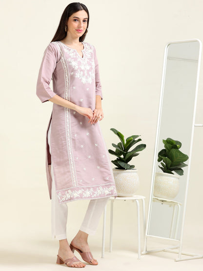 Lilac Boss Babe – Thread Embroidered Cotton Kurti  (1JD-7-A6)