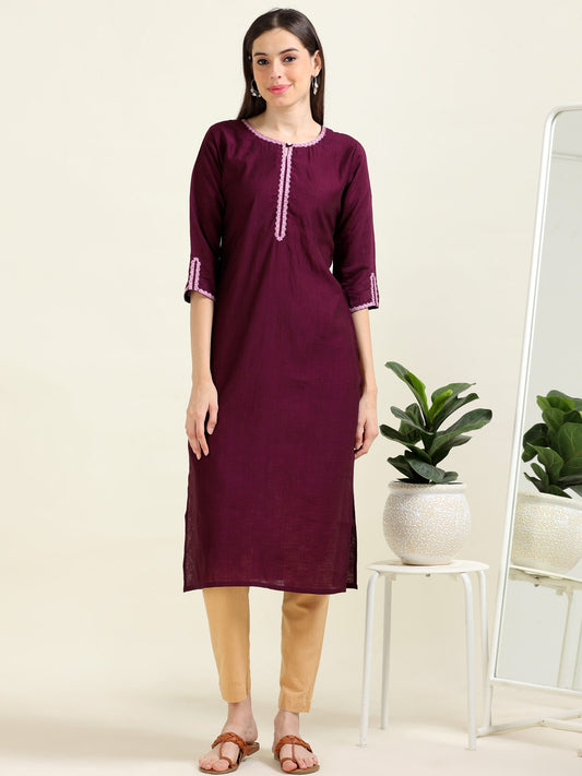 Wine Wanderlust – Embroidered Straight Cotton Kurti (1JD-7-A8)