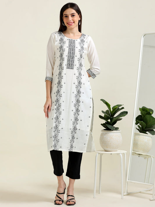 White Panel Chic – Embroidered Straight Cotton Kurti (1JD-9-A12)