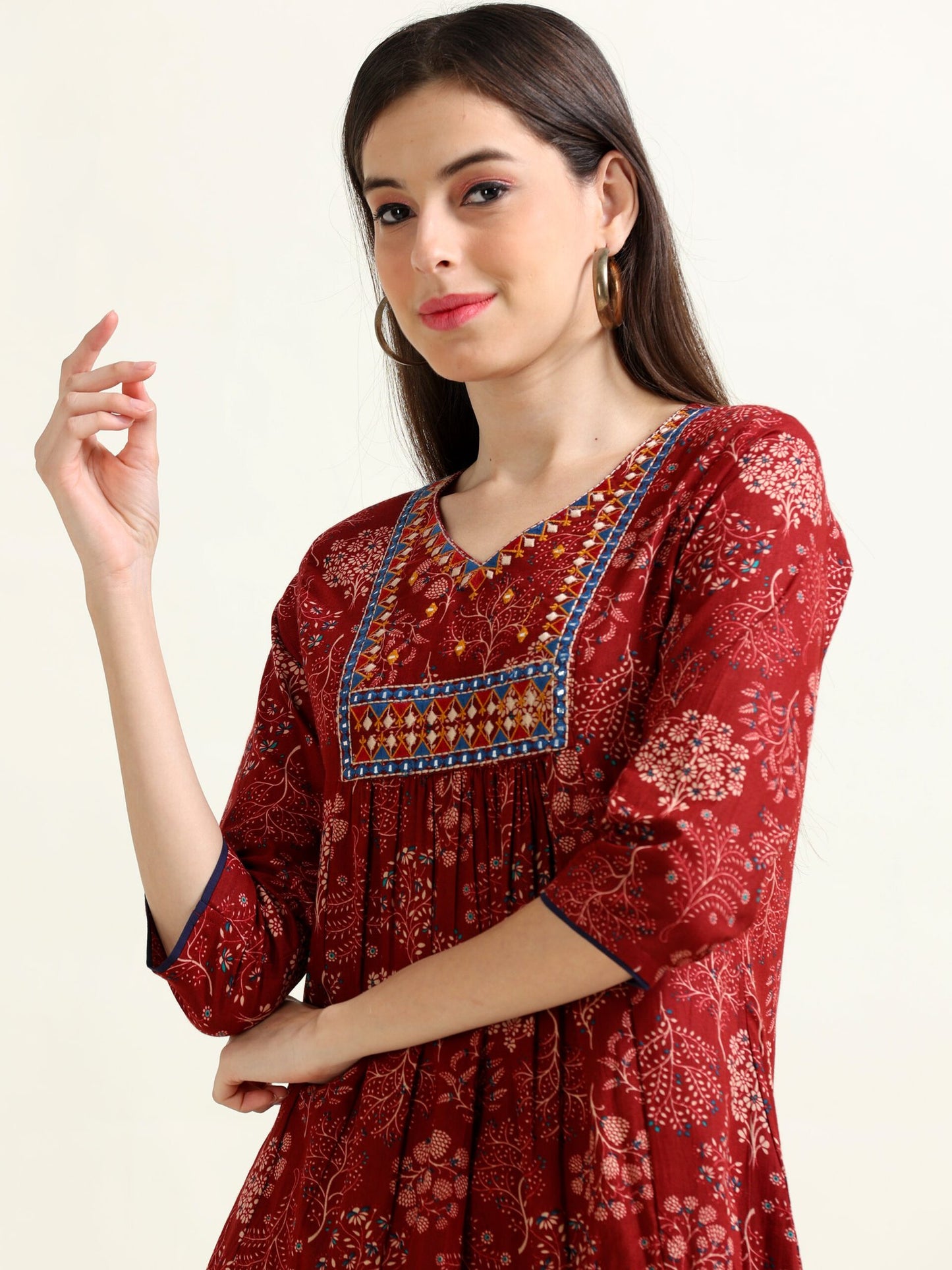 Maroon Mellow Anarkali – Embroidered Cotton Kurti –(1KB-2-A9)